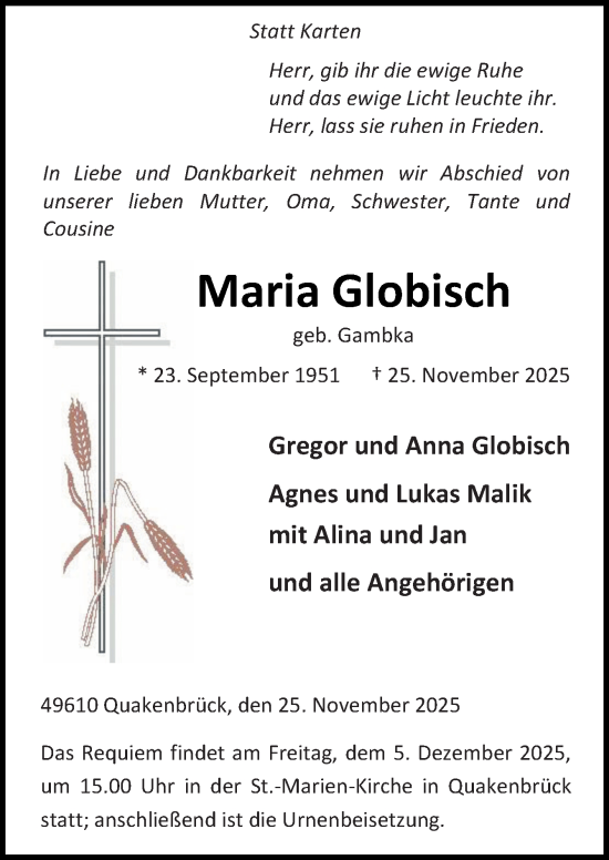 Traueranzeige von Maria Globisch von Neue Osnabrücker Zeitung GmbH & Co. KG
