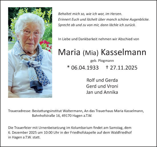 Traueranzeige von Maria Kasselmann von Neue Osnabrücker Zeitung GmbH & Co. KG