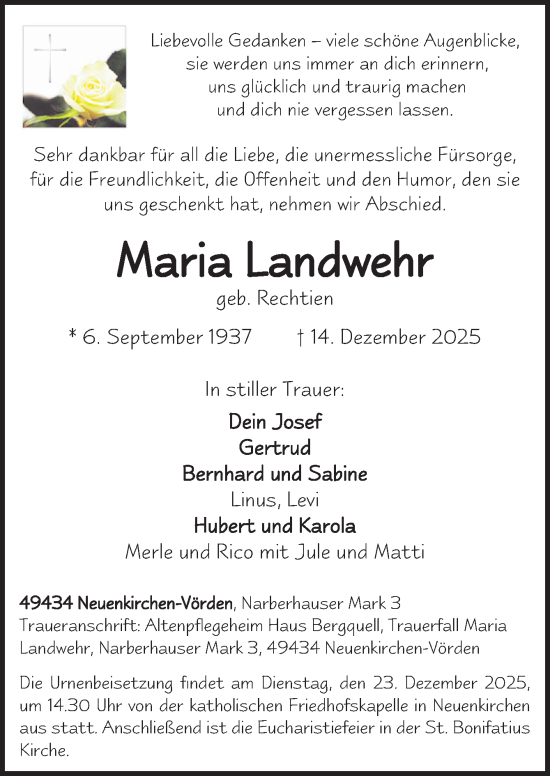 Traueranzeige von Maria Landwehr von Neue Osnabrücker Zeitung GmbH & Co. KG