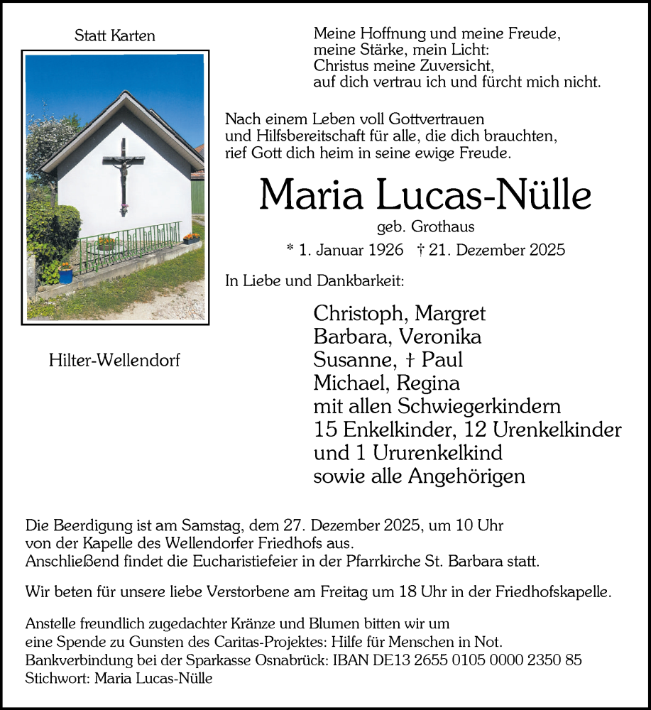  Traueranzeige für Maria Lucas-Nülle vom 24.12.2025 aus Neue Osnabrücker Zeitung GmbH & Co. KG