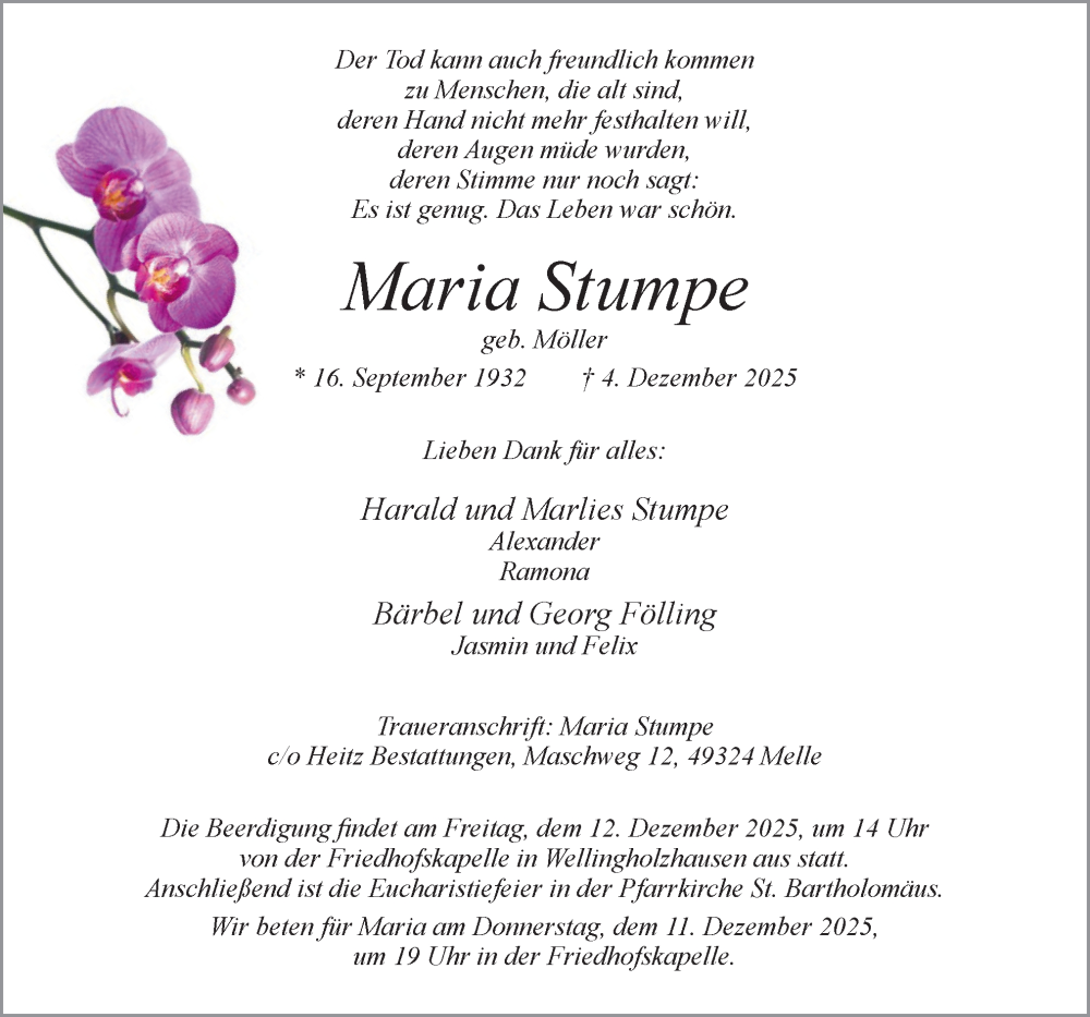  Traueranzeige für Maria Stumpe vom 06.12.2025 aus Neue Osnabrücker Zeitung GmbH & Co. KG
