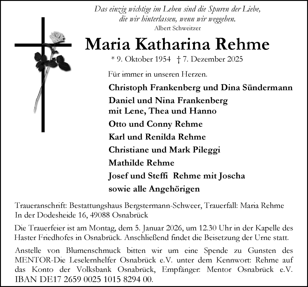  Traueranzeige für Maria Katharina Rehme vom 27.12.2025 aus Neue Osnabrücker Zeitung GmbH & Co. KG