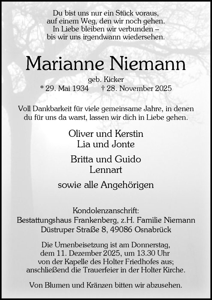  Traueranzeige für Marianne Niemann vom 06.12.2025 aus Neue Osnabrücker Zeitung GmbH & Co. KG