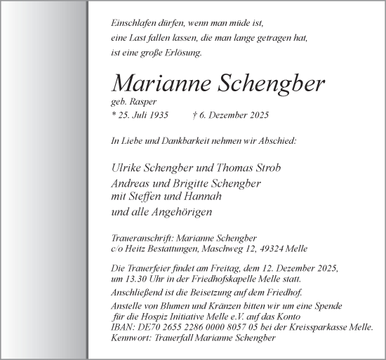 Traueranzeige von Marianne Schengber von Neue Osnabrücker Zeitung GmbH & Co. KG