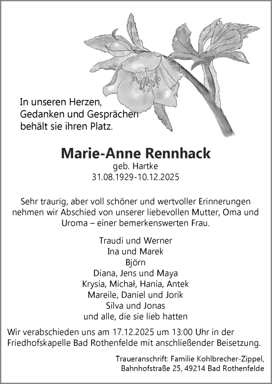 Traueranzeige von Marie-Anne Rennhack von Neue Osnabrücker Zeitung GmbH & Co. KG