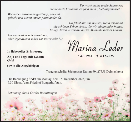 Traueranzeige von Marina Leder von DK Medien GmbH & Co. KG