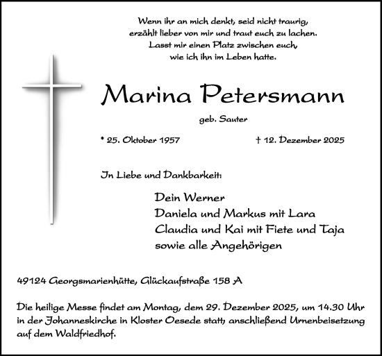 Traueranzeige von Marina Petersmann von Neue Osnabrücker Zeitung GmbH & Co. KG