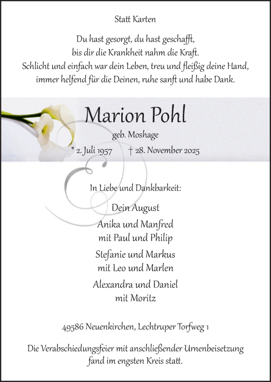 Traueranzeige von Marion Pohl von Neue Osnabrücker Zeitung GmbH & Co. KG