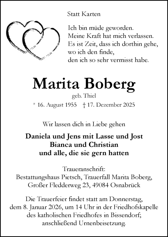 Traueranzeige von Marita Boberg von Neue Osnabrücker Zeitung GmbH & Co. KG
