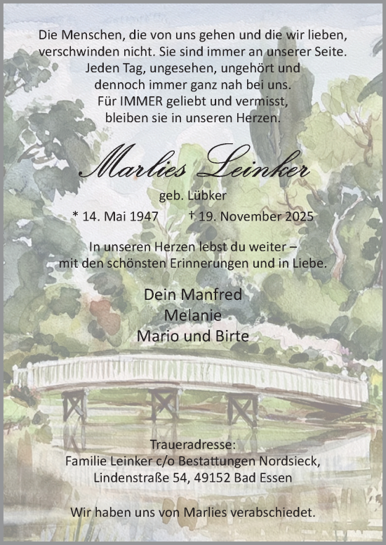 Traueranzeige von Marlies Leinker von Neue Osnabrücker Zeitung GmbH & Co. KG