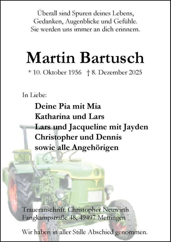 Traueranzeige von Martin Bartusch von Neue Osnabrücker Zeitung GmbH & Co. KG