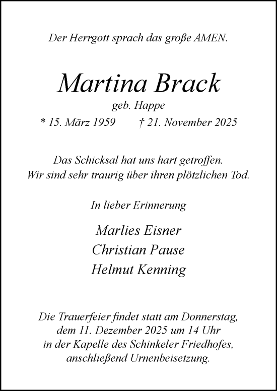 Traueranzeige von Martina Brack von Neue Osnabrücker Zeitung GmbH & Co. KG