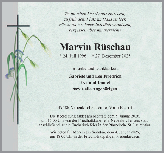 Traueranzeige von Marvin Rüschau von Neue Osnabrücker Zeitung GmbH & Co. KG