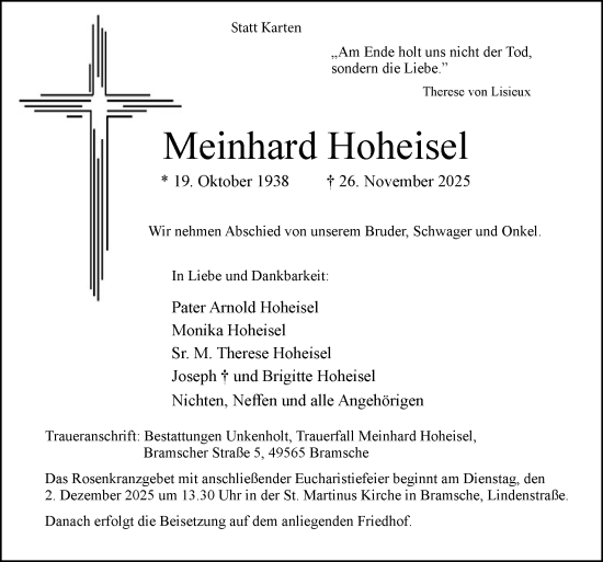 Traueranzeige von Meinhard Hoheisel von Neue Osnabrücker Zeitung GmbH & Co. KG