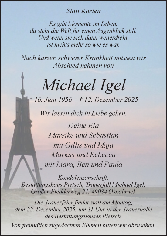 Traueranzeige von Michael Igel von Neue Osnabrücker Zeitung GmbH & Co. KG