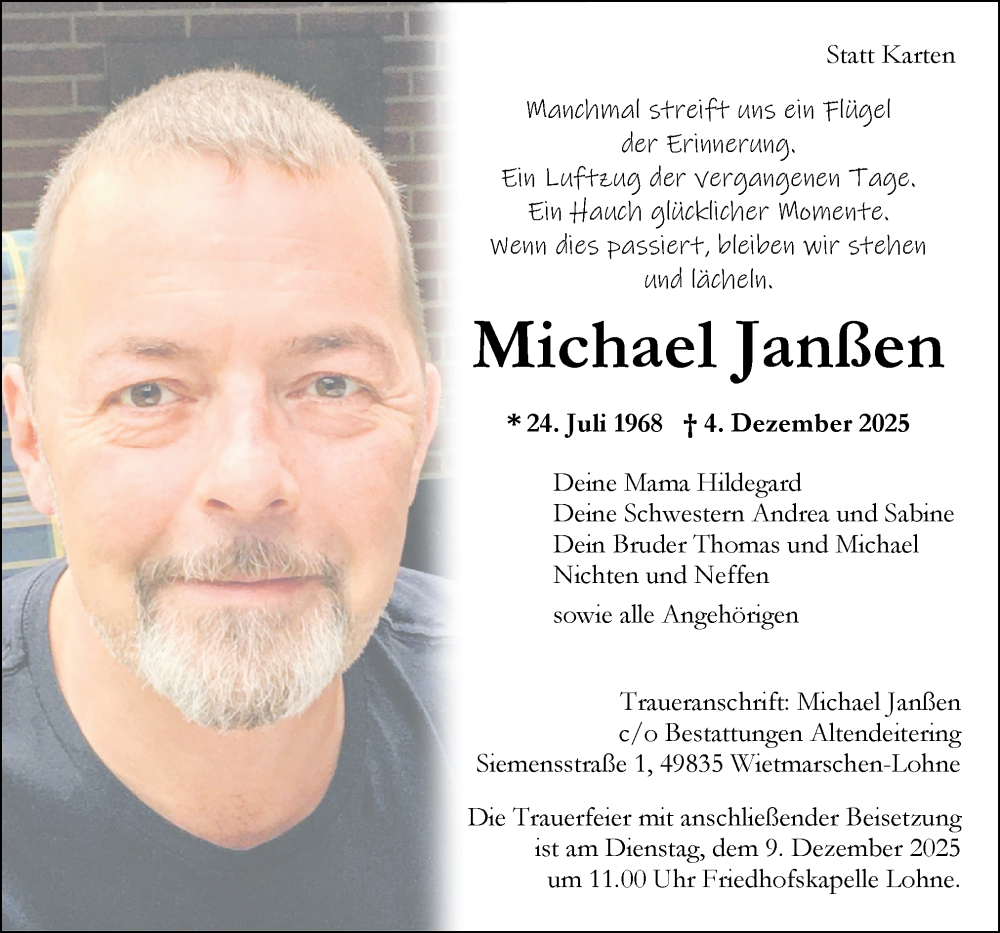  Traueranzeige für Michael Janßen vom 08.12.2025 aus Neue Osnabrücker Zeitung GmbH & Co. KG