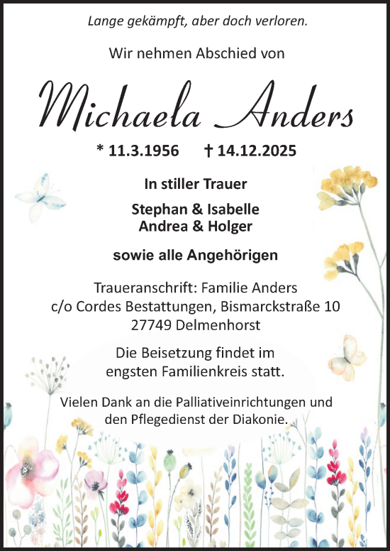 Traueranzeige von Michaela Anders von DK Medien GmbH & Co. KG