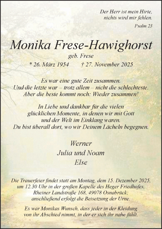 Traueranzeige von Monika Frese-Hawighorst von Neue Osnabrücker Zeitung GmbH & Co. KG