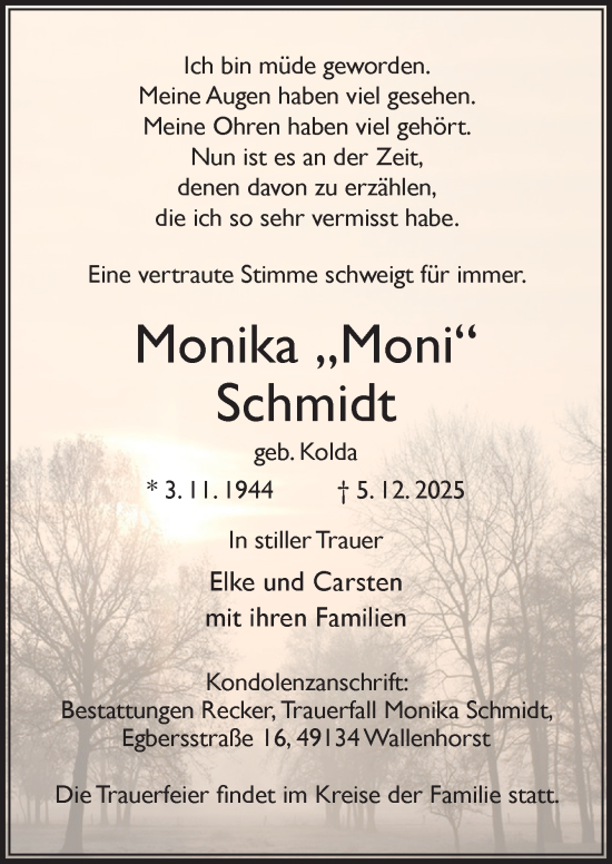 Traueranzeige von Monika Schmidt von Neue Osnabrücker Zeitung GmbH & Co. KG