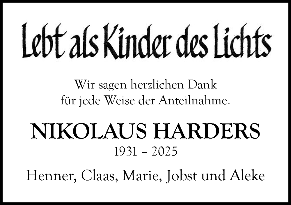  Traueranzeige für Nikolaus Harders vom 06.12.2025 aus DK Medien GmbH & Co. KG