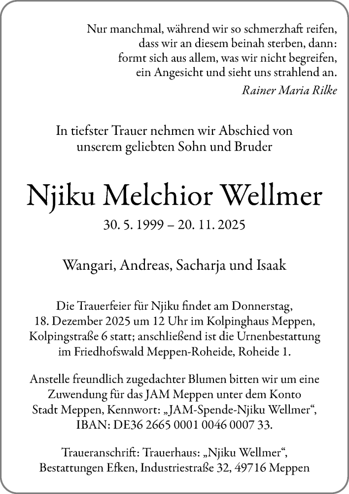  Traueranzeige für Njiku Melchior Wellmer vom 13.12.2025 aus Neue Osnabrücker Zeitung GmbH & Co. KG