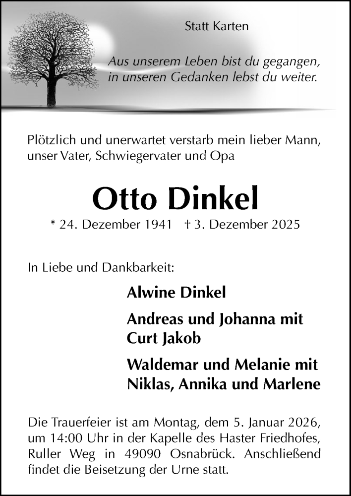  Traueranzeige für Otto Dinkel vom 20.12.2025 aus Neue Osnabrücker Zeitung GmbH & Co. KG