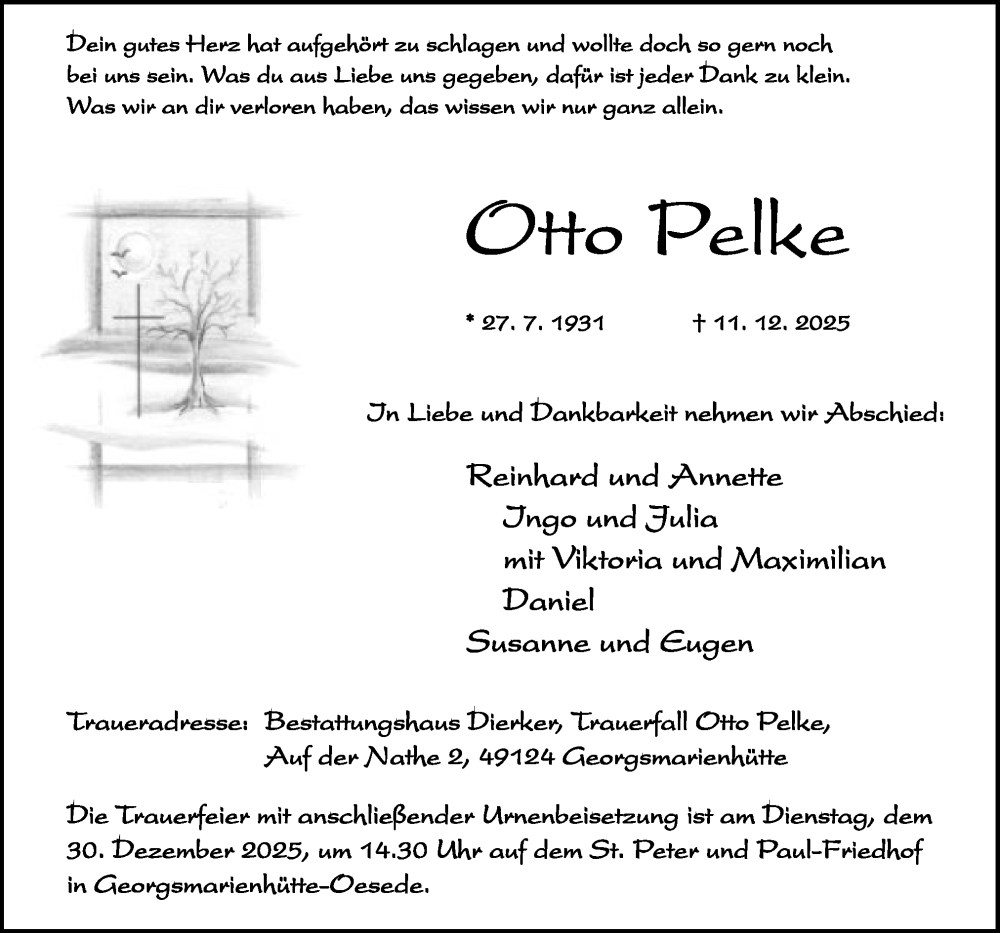  Traueranzeige für Otto Pelke vom 20.12.2025 aus Neue Osnabrücker Zeitung GmbH & Co. KG