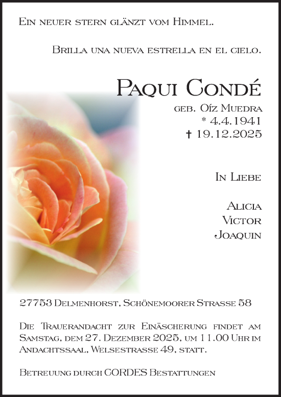 Traueranzeige von Paqui Conde von DK Medien GmbH & Co. KG