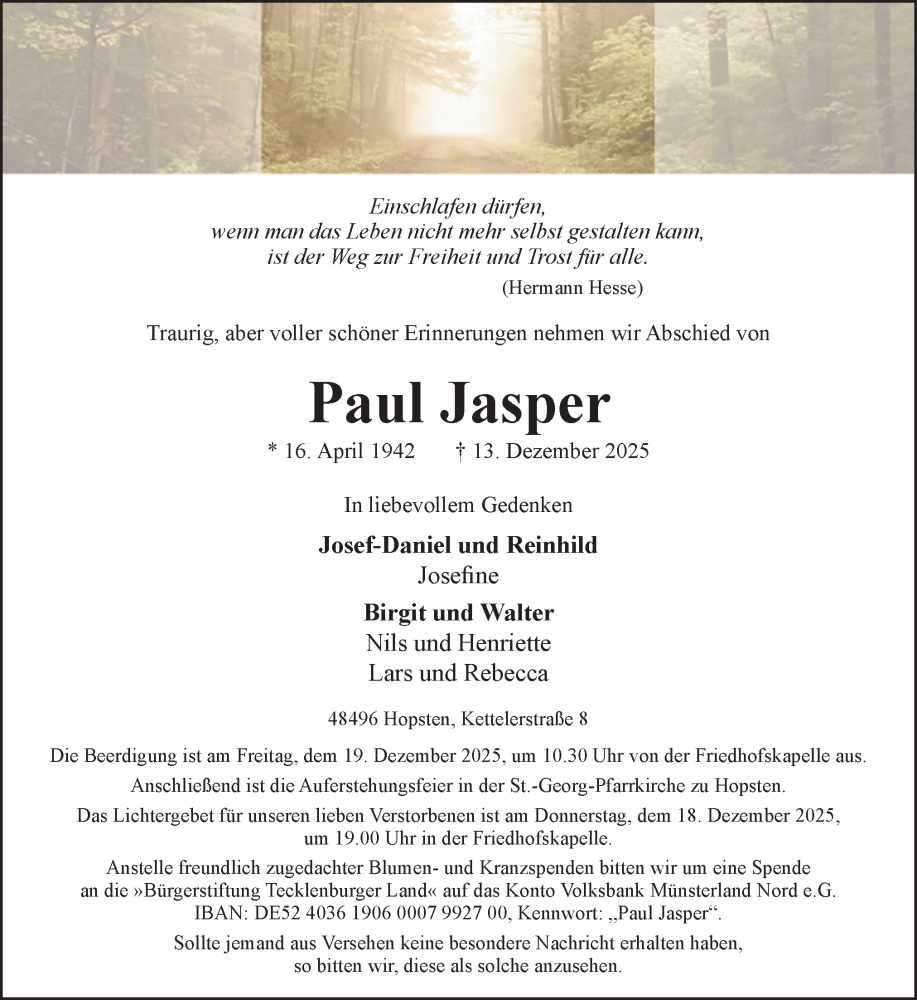  Traueranzeige für Paul Jasper vom 16.12.2025 aus Neue Osnabrücker Zeitung GmbH & Co. KG