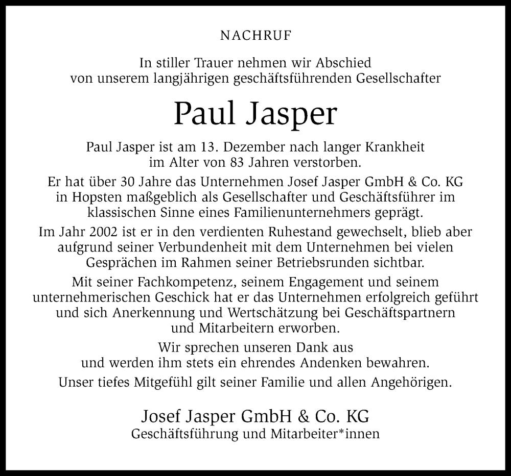  Traueranzeige für Paul Jasper vom 20.12.2025 aus Neue Osnabrücker Zeitung GmbH & Co. KG