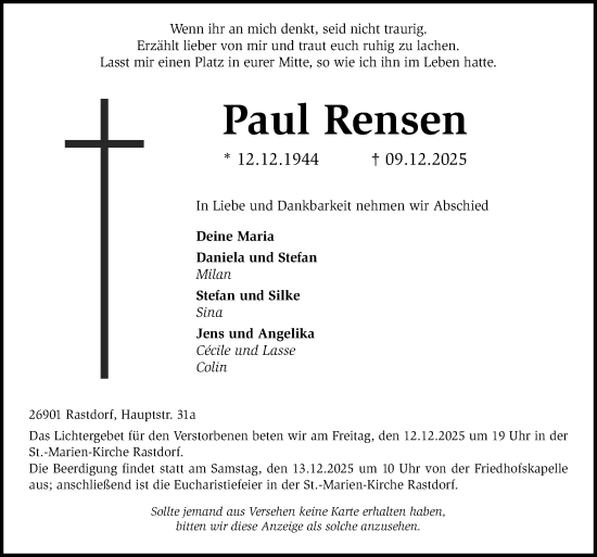 Traueranzeige von Paul Rensen von Neue Osnabrücker Zeitung GmbH & Co. KG