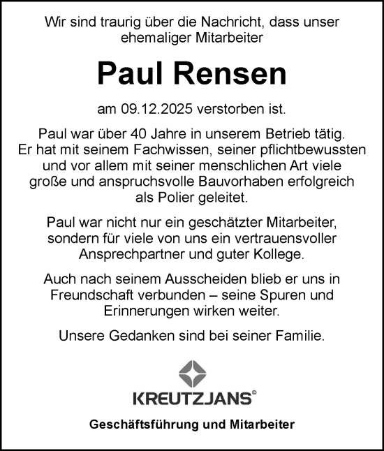 Traueranzeige von Paul Rensen von Neue Osnabrücker Zeitung GmbH & Co. KG
