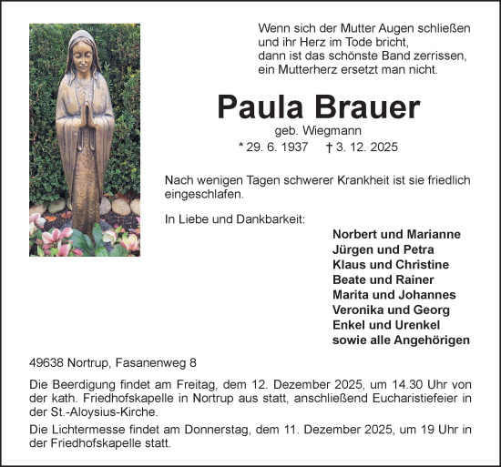 Traueranzeige von Paula Brauer von Neue Osnabrücker Zeitung GmbH & Co. KG