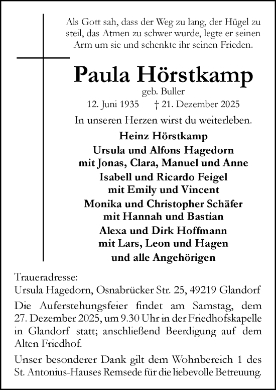 Traueranzeige von Paula Hörstkamp von Neue Osnabrücker Zeitung GmbH & Co. KG