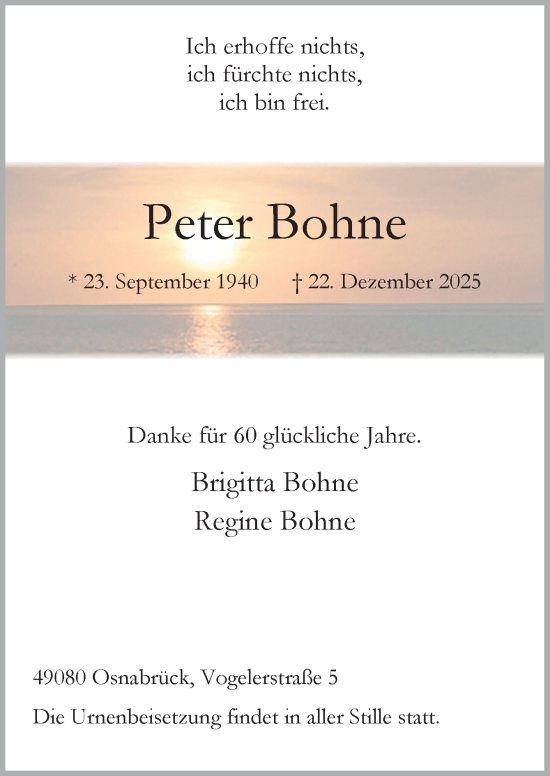 Traueranzeige von Peter Bohne von Neue Osnabrücker Zeitung GmbH & Co. KG