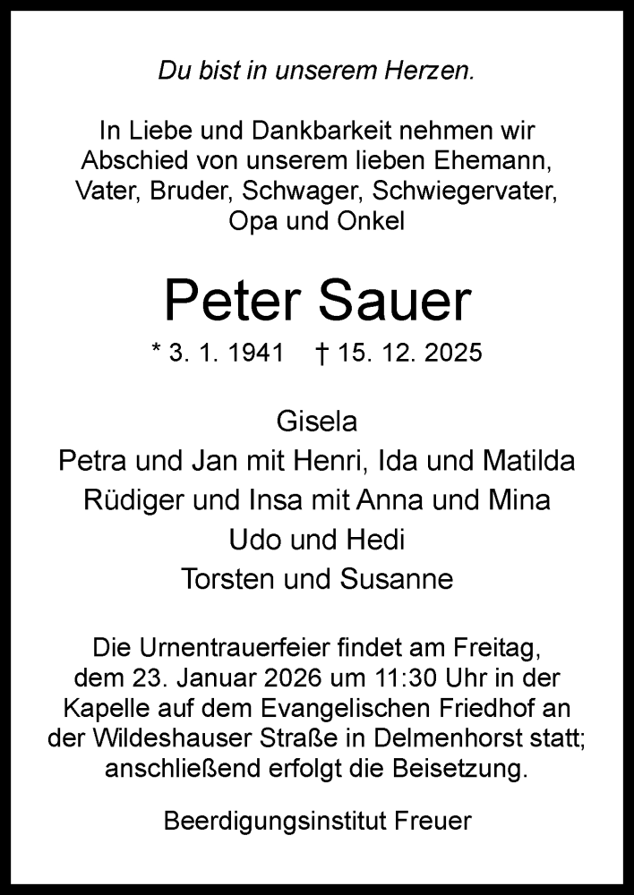  Traueranzeige für Peter Sauer vom 20.12.2025 aus DK Medien GmbH & Co. KG