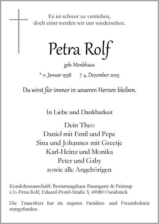 Traueranzeige von Petra Rolf von Neue Osnabrücker Zeitung GmbH & Co. KG
