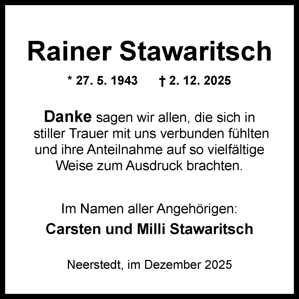  Traueranzeige für Rainer Stawaritsch vom 23.12.2025 aus DK Medien GmbH & Co. KG