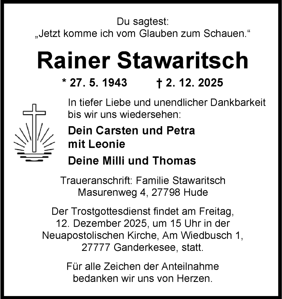  Traueranzeige für Rainer Stawaritsch vom 06.12.2025 aus DK Medien GmbH & Co. KG