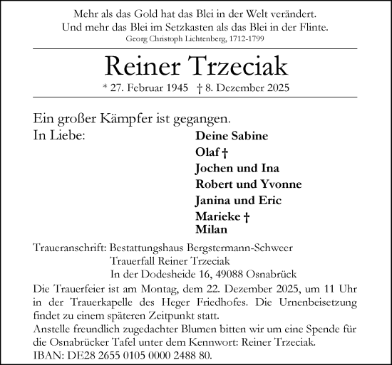 Traueranzeige von Reiner Trzeciak von Neue Osnabrücker Zeitung GmbH & Co. KG