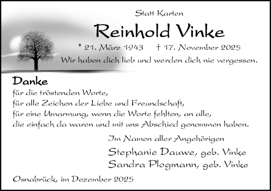 Traueranzeige von Reinhold Vinke von Neue Osnabrücker Zeitung GmbH & Co. KG