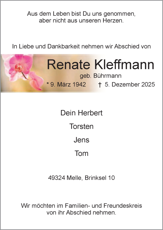 Traueranzeige von Renate Kleffmann von Neue Osnabrücker Zeitung GmbH & Co. KG