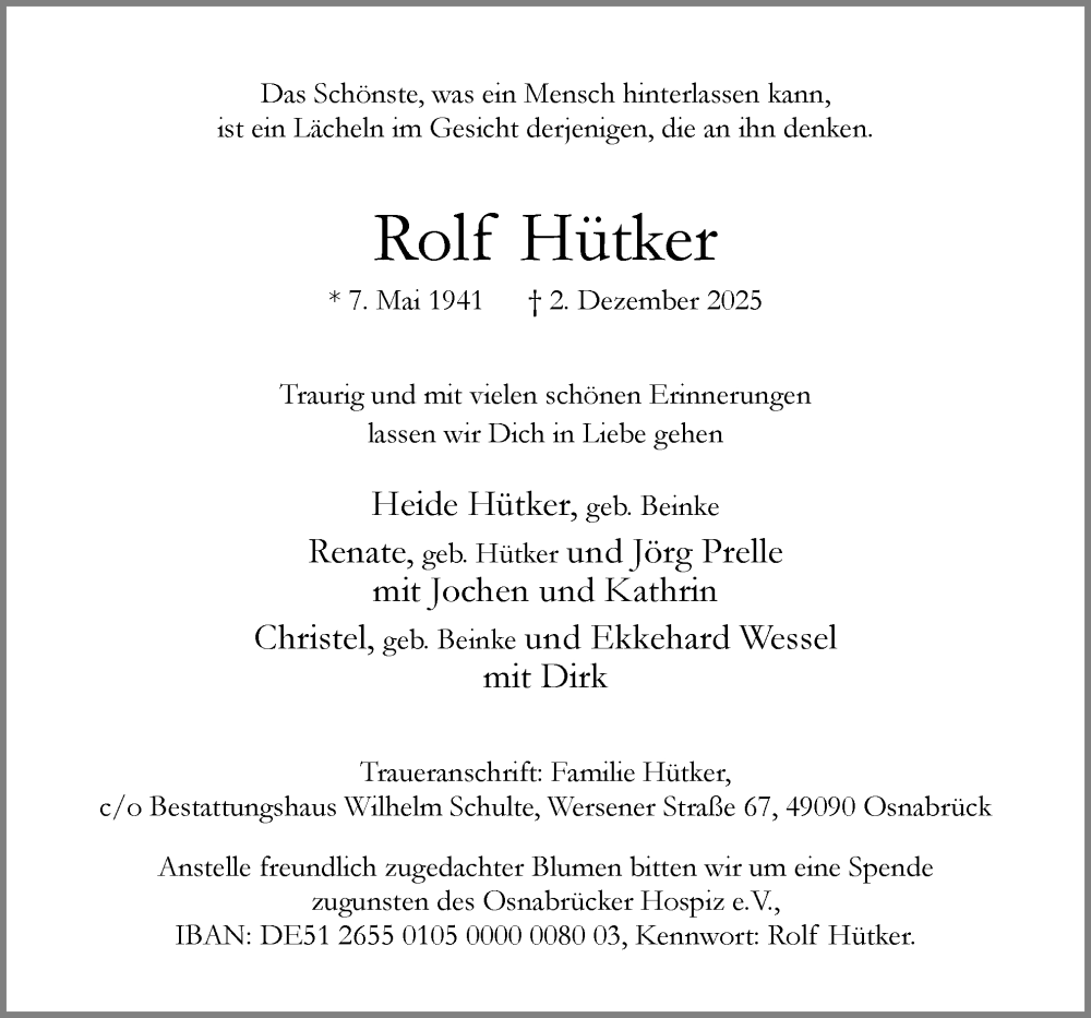  Traueranzeige für Rolf Hütker vom 13.12.2025 aus Neue Osnabrücker Zeitung GmbH & Co. KG