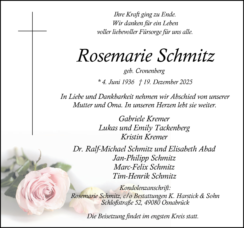  Traueranzeige für Rosemarie Schmitz vom 27.12.2025 aus Neue Osnabrücker Zeitung GmbH & Co. KG