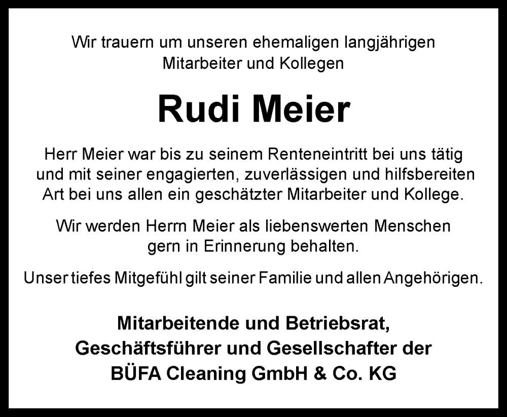  Traueranzeige für Rudi Meier vom 20.12.2025 aus Neue Osnabrücker Zeitung GmbH & Co. KG