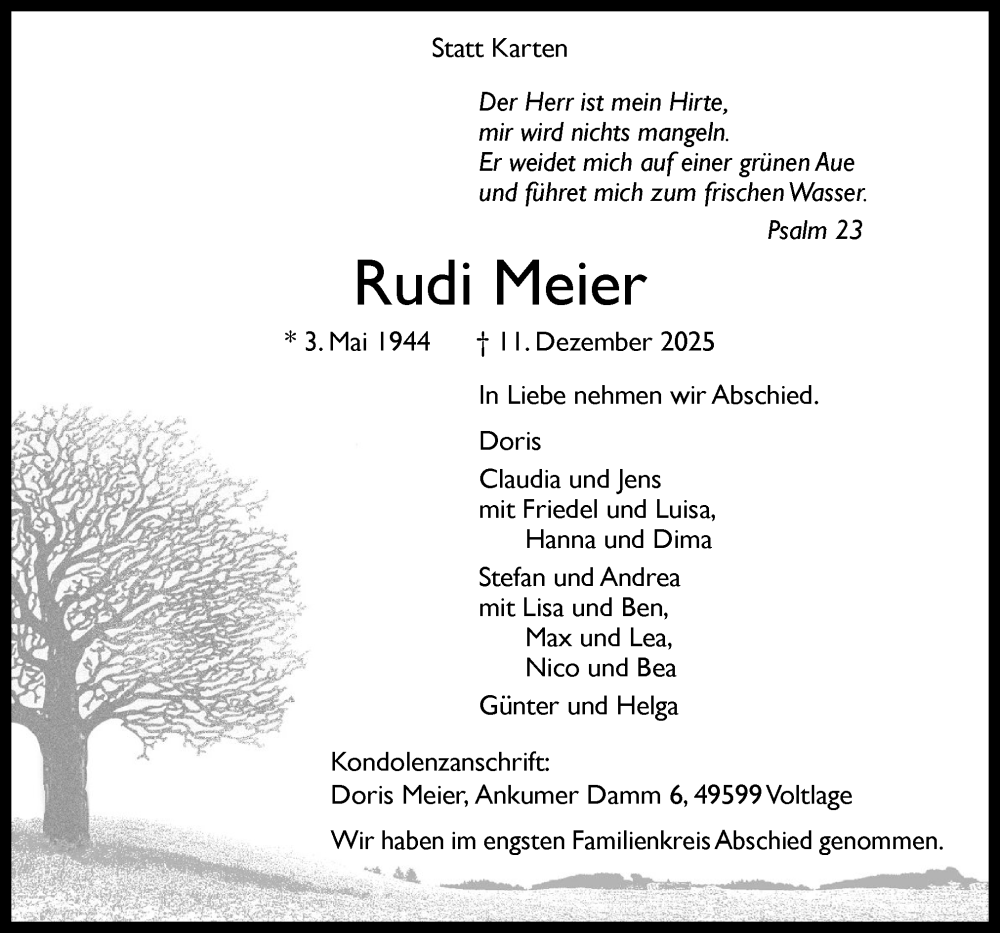  Traueranzeige für Rudi Meier vom 20.12.2025 aus Neue Osnabrücker Zeitung GmbH & Co. KG