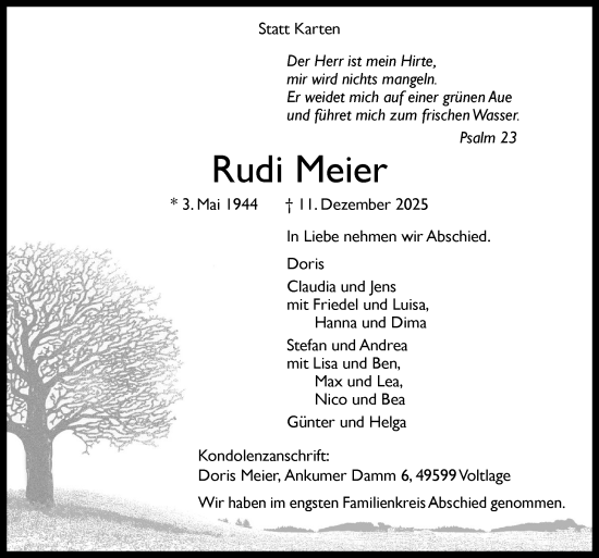 Traueranzeige von Rudi Meier von Neue Osnabrücker Zeitung GmbH & Co. KG