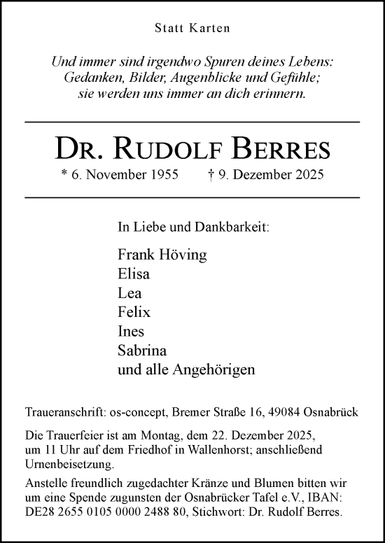 Traueranzeige von Rudolf Berres von Neue Osnabrücker Zeitung GmbH & Co. KG