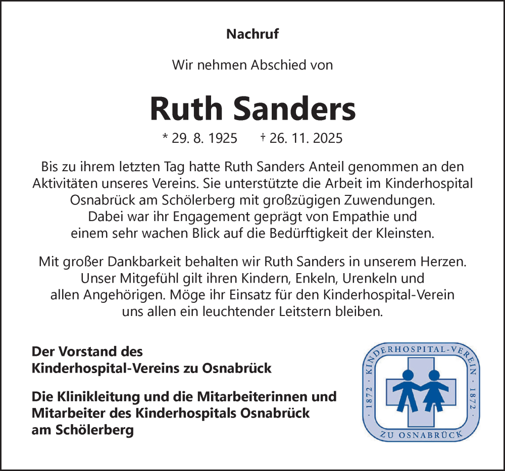  Traueranzeige für Ruth Sanders vom 06.12.2025 aus Neue Osnabrücker Zeitung GmbH & Co. KG