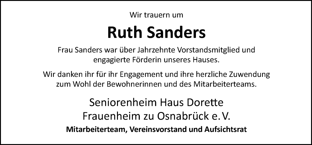  Traueranzeige für Ruth Sanders vom 13.12.2025 aus Neue Osnabrücker Zeitung GmbH & Co. KG